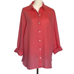 J. Jill Love Linen Coral Button Up 100% Linen Tunic Top Size S Missy Lagenlook